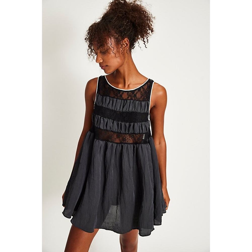 Free People Black Lace Ruffle Mini Dress